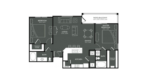 Floor plan for 2 beds, 2 baths, 1170 sqft